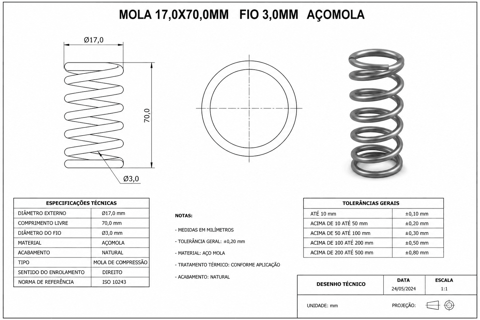 MOLA 17,0X70,0MM FIO 3,0MM AÇOMOLA