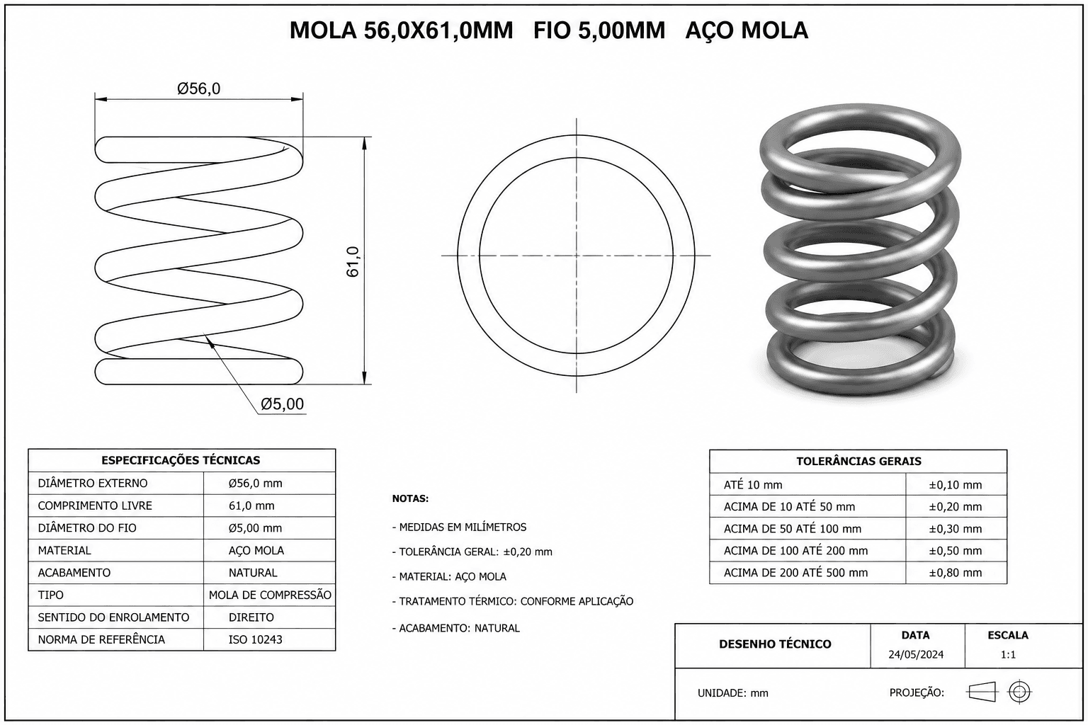 MOLA 56,0X61,0MM FIO 5,00MM AÇO MOLA